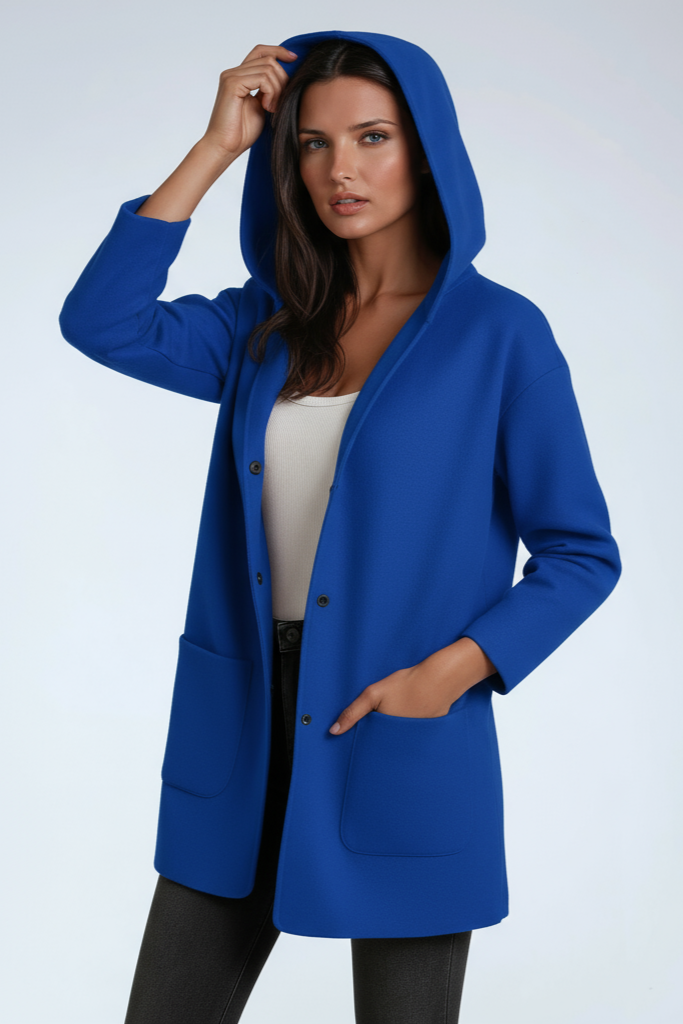 Chaqueta larga de mujer con capucha y cierre de botones a presión – JASMINA