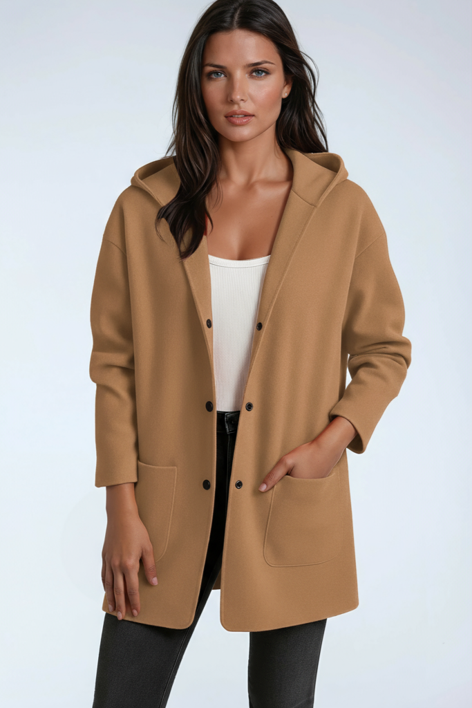 Chaqueta larga de mujer con capucha y cierre de botones a presión – JASMINA
