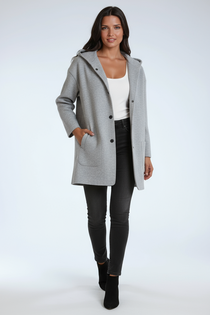 Chaqueta larga de mujer con capucha y cierre de botones a presión – JASMINA