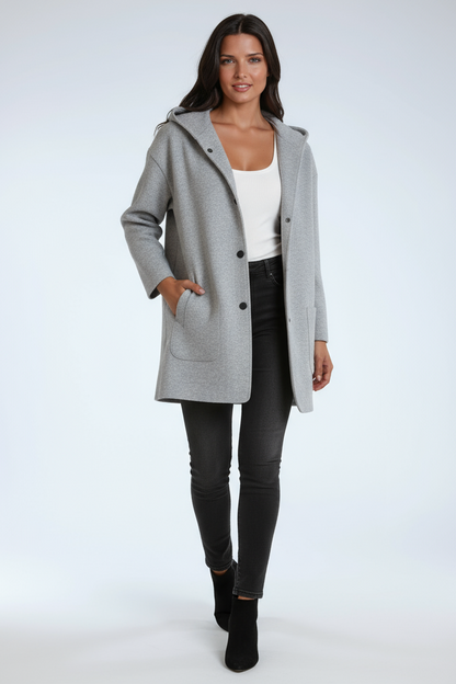 Chaqueta larga de mujer con capucha y cierre de botones a presión – JASMINA