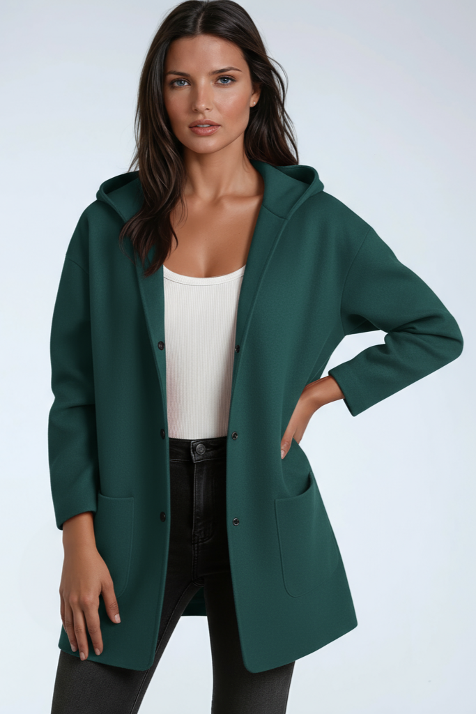 Chaqueta larga de mujer con capucha y cierre de botones a presión – JASMINA