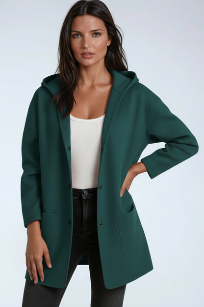 Chaqueta larga de mujer con capucha y cierre de botones a presión – JASMINA