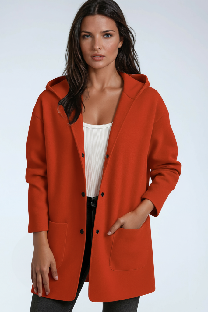 Chaqueta larga de mujer con capucha y cierre de botones a presión – JASMINA