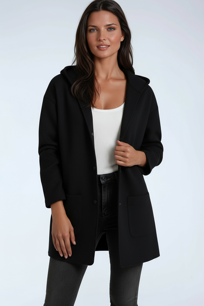 Chaqueta larga de mujer con capucha y cierre de botones a presión – JASMINA