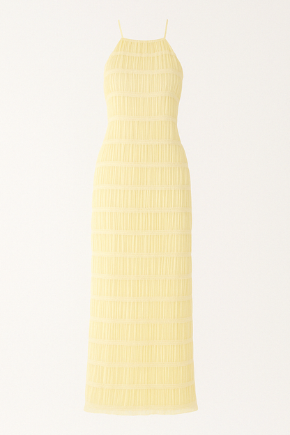 Vestido largo de mujer con cuello halter y pliegues – JOAQUINA