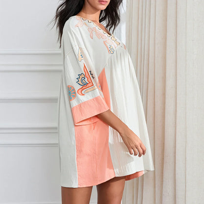 Vestido tipo túnica de mujer con escote en V y bordados decorativos – MABRIELA