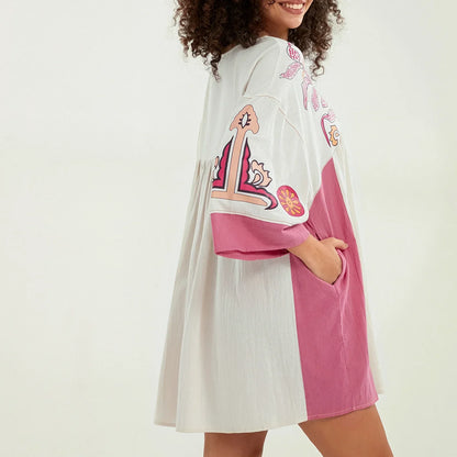 Vestido tipo túnica de mujer con escote en V y bordados decorativos – MABRIELA