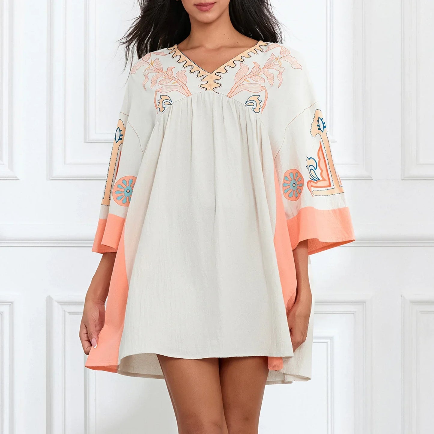 Vestido tipo túnica de mujer con escote en V y bordados decorativos – MABRIELA