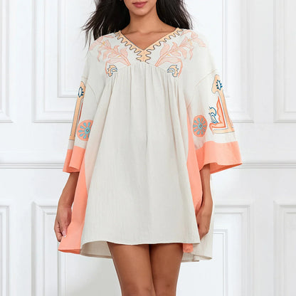 Vestido tipo túnica de mujer con escote en V y bordados decorativos – MABRIELA