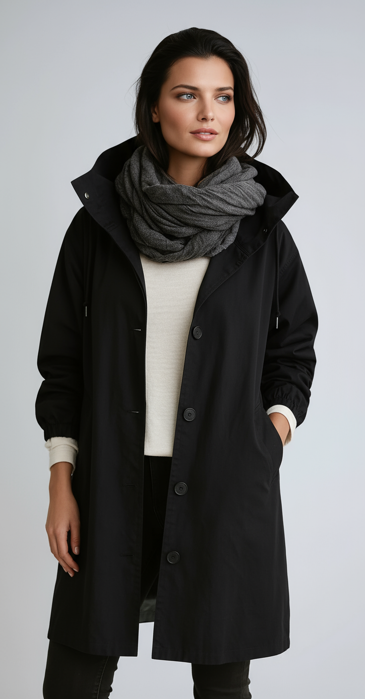 Abrigo largo de mujer con capucha y cierre de botones – LOREA