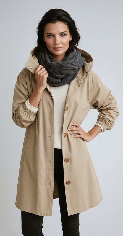 Abrigo largo de mujer con capucha y cierre de botones – LOREA