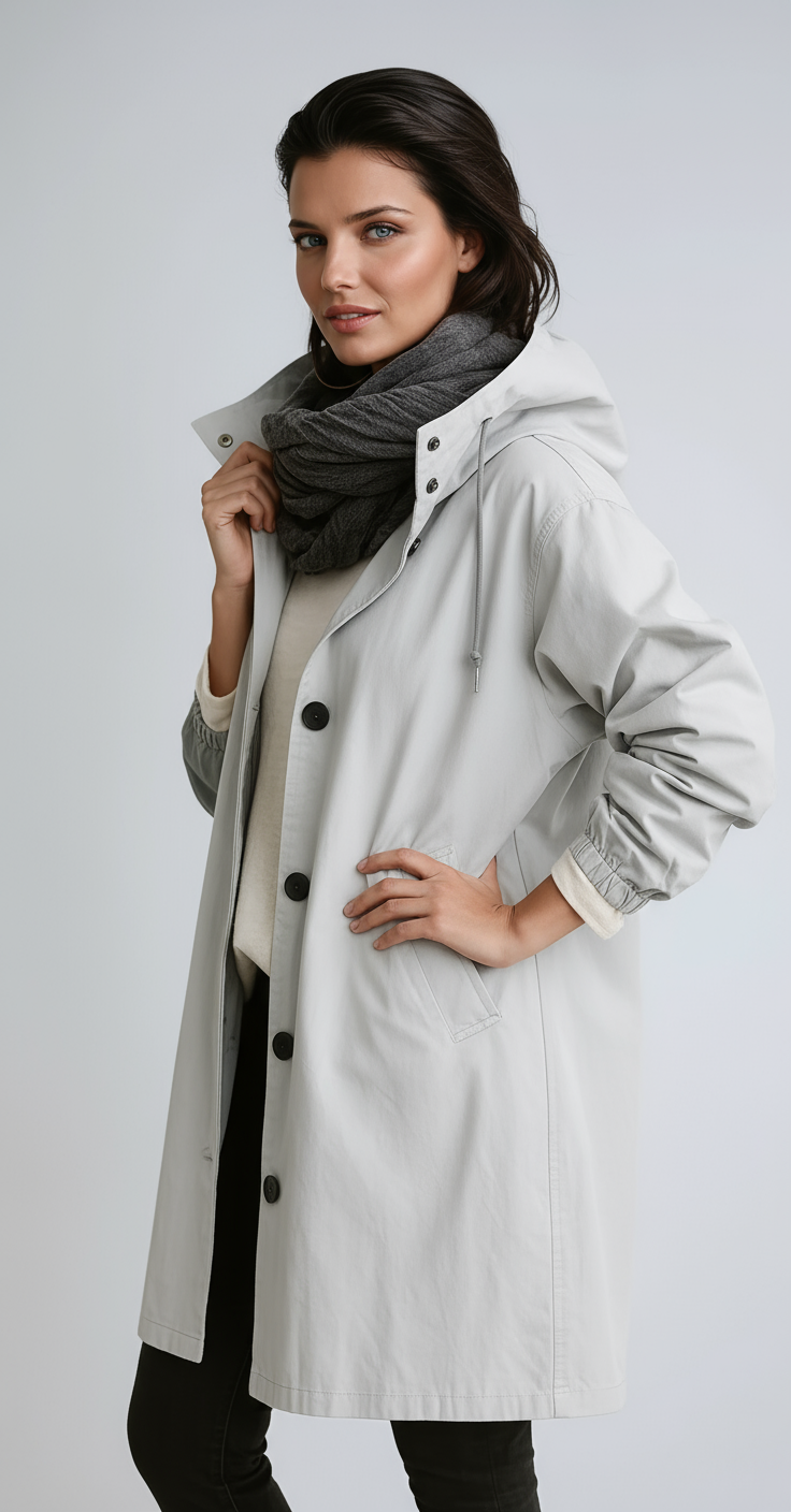 Abrigo largo de mujer con capucha y cierre de botones – LOREA