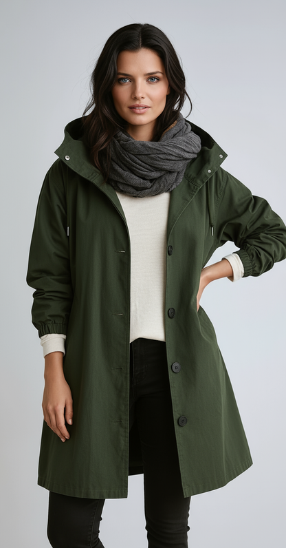 Abrigo largo de mujer con capucha y cierre de botones – LOREA