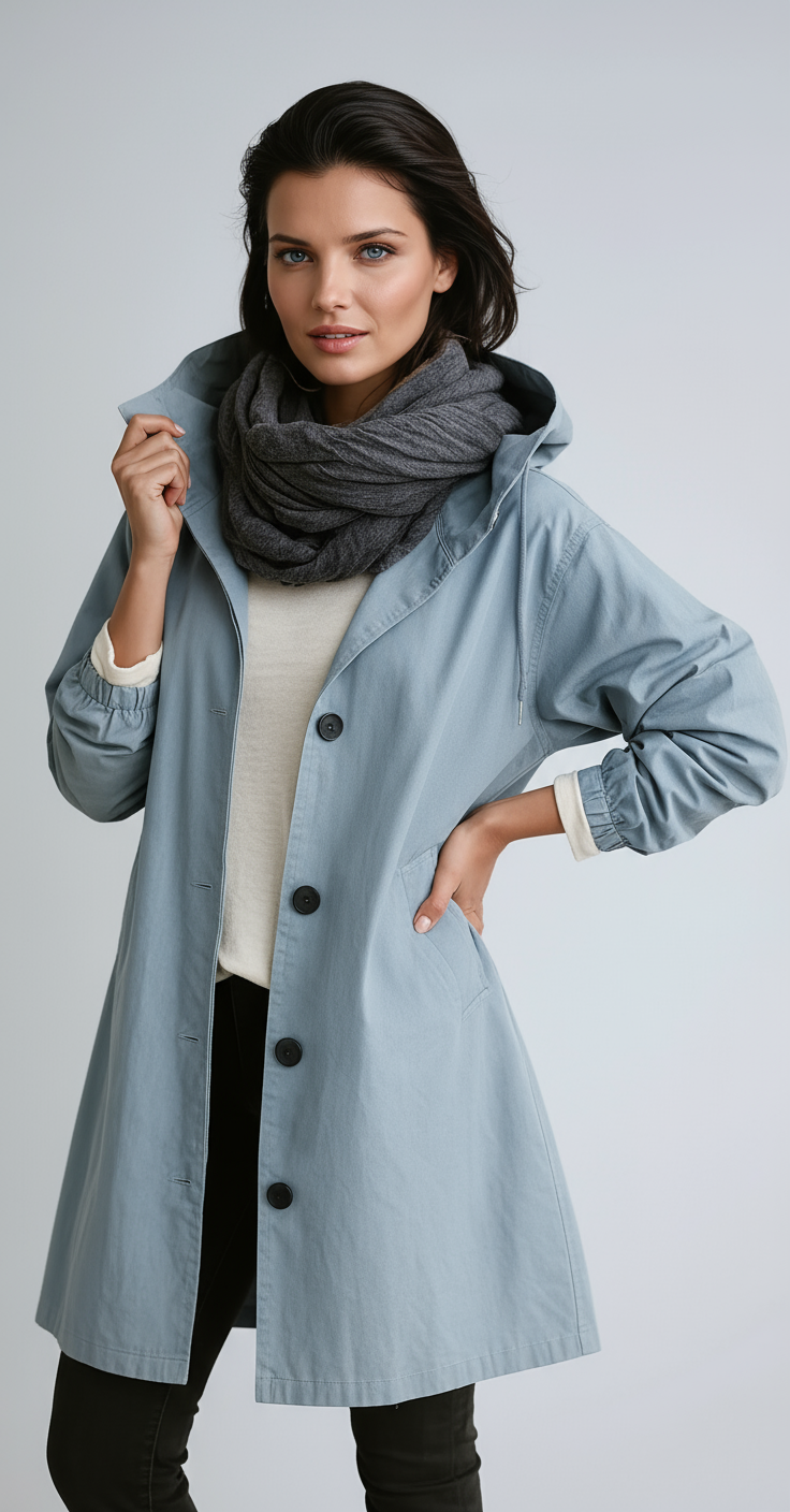 Abrigo largo de mujer con capucha y cierre de botones – LOREA