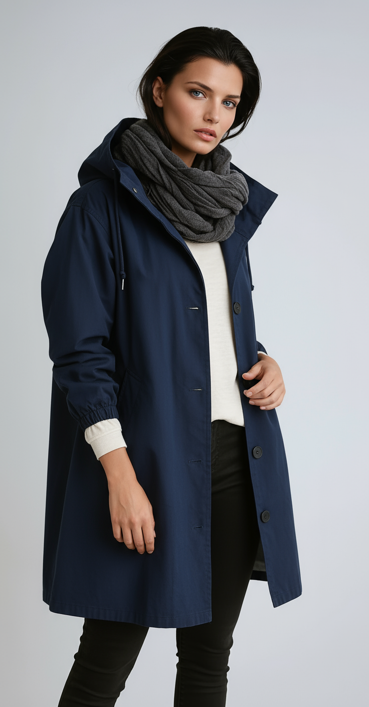 Abrigo largo de mujer con capucha y cierre de botones – LOREA