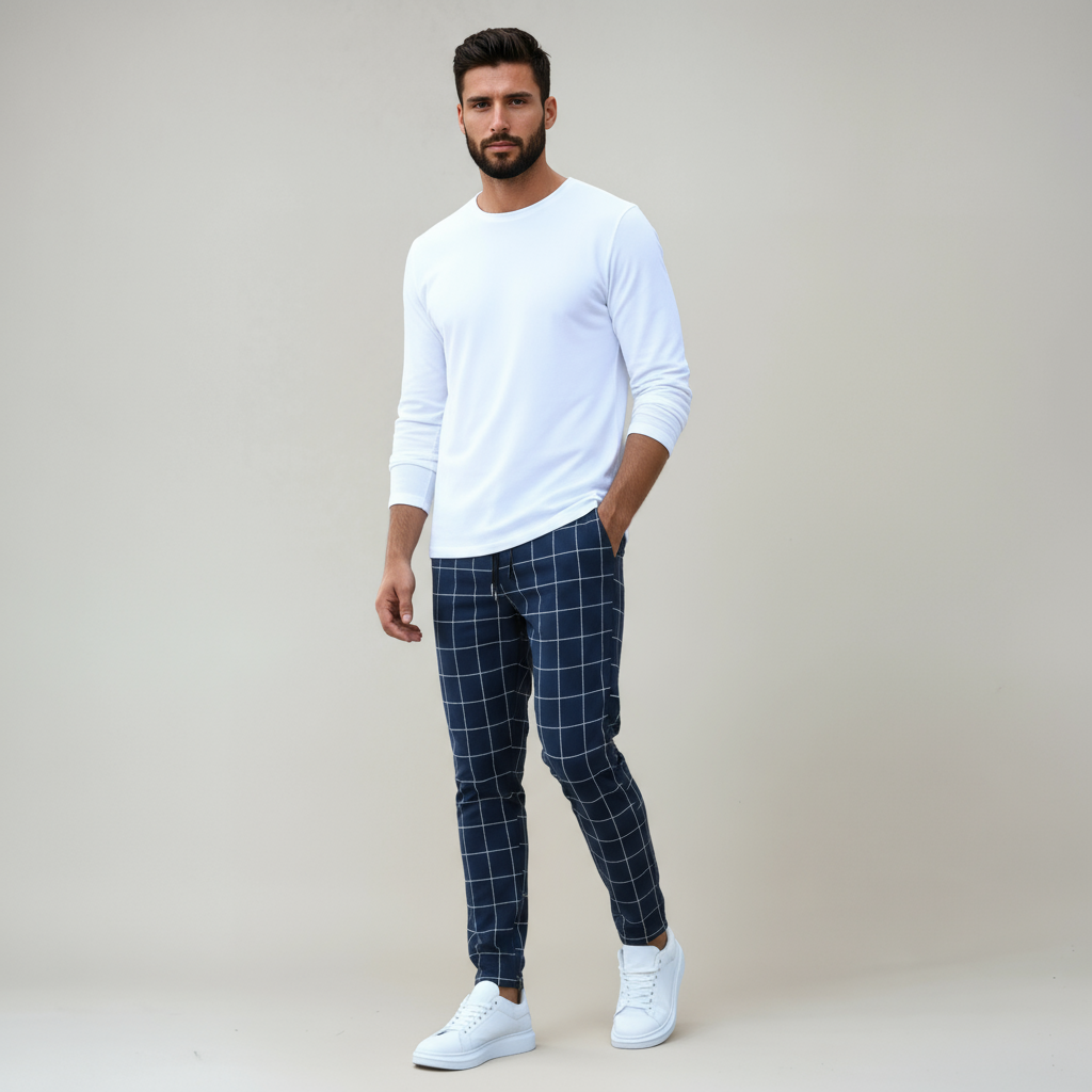 DANVER – Pantalón de hombre con estampado de cuadros y cintura ajustable