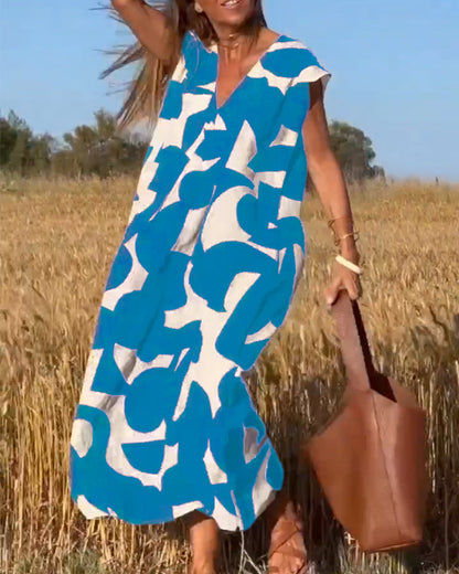 Vestido amplio con estampado gráfico y escote en V para mujer – MAËRYS