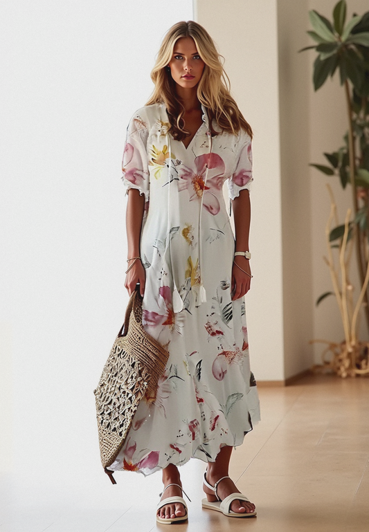 Vestido largo floral con cuello camisero y lazo en la cintura – FLORA LÉNA