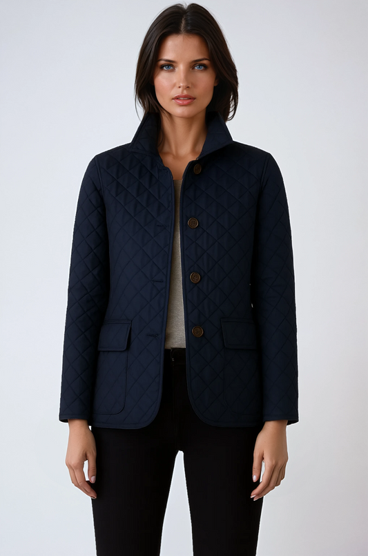 Chaqueta acolchada de mujer con estampado de cuadros y cierre de botones – LÉNAIA