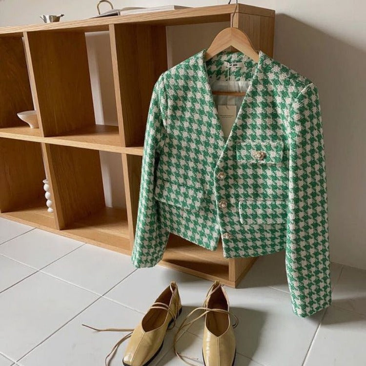 Elizabeth - Abrigo corto elegante con cuello en V y botones de perla y diseño tipo pata de gallo para mujer