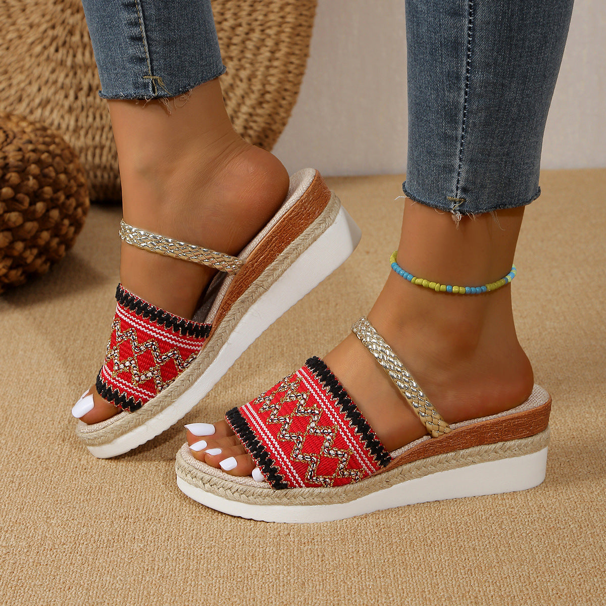 Lina - Sandalias de Cuña de Verano con Diseño de Ondas en Bloques de Color | Zapatillas de Estilo Étnico para Mujer