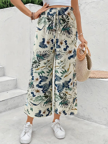 Pantalón ancho de mujer con estampado tropical – FRIDALIA