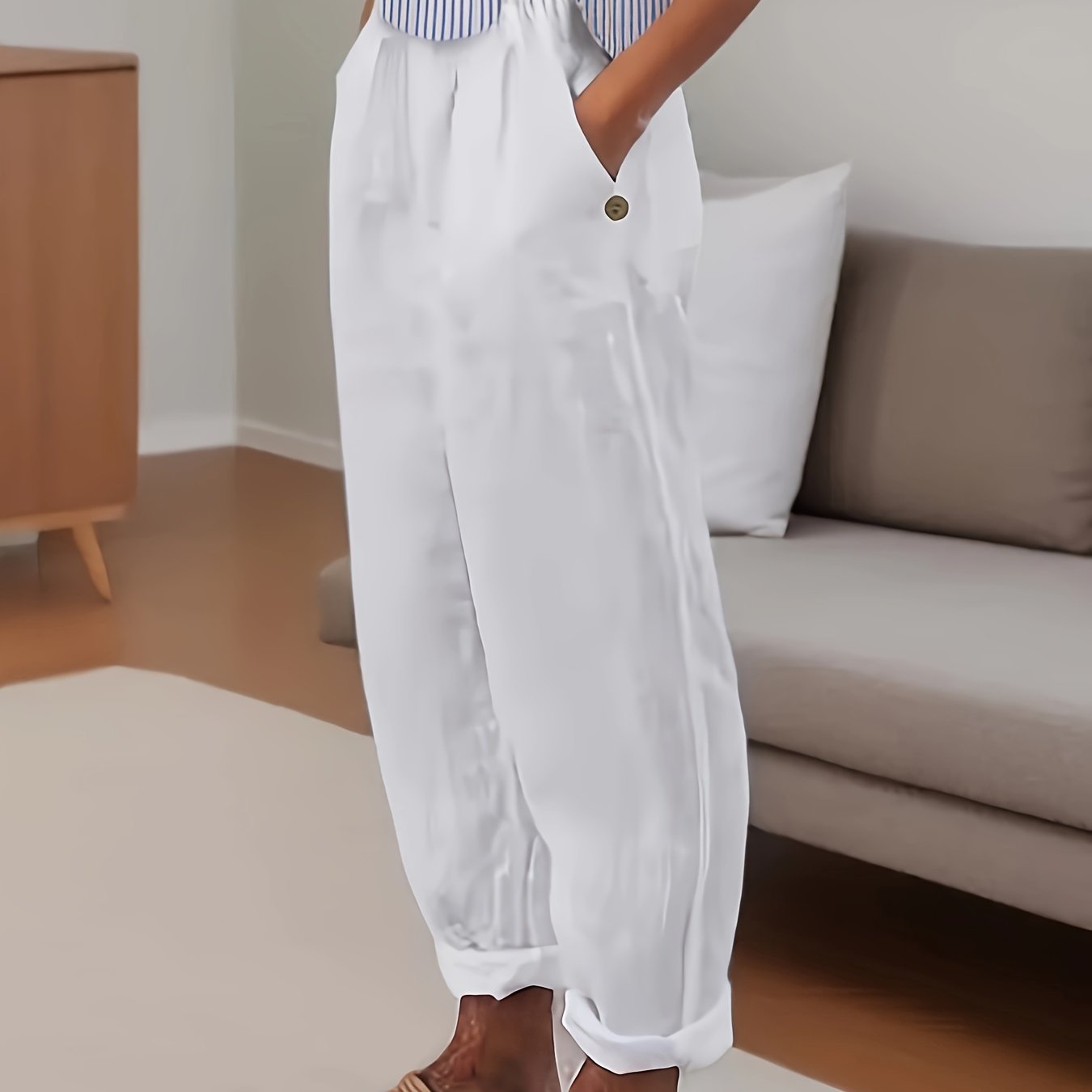 Pantalón de lino de talle alto con corte relajado para mujer – CELINA