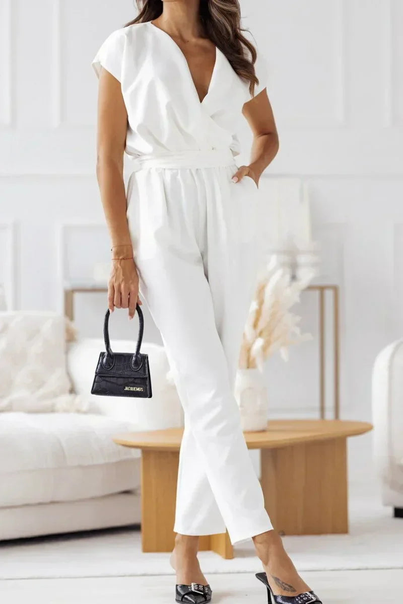 Mono elegante con escote en V y mangas cortas para mujer – NORA