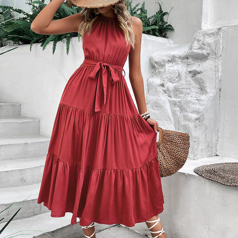Heda - Vestido Casual Largo Rojo Romántico Con Lazo Delantero Sin Mangas Primavera Verano Para Mujer