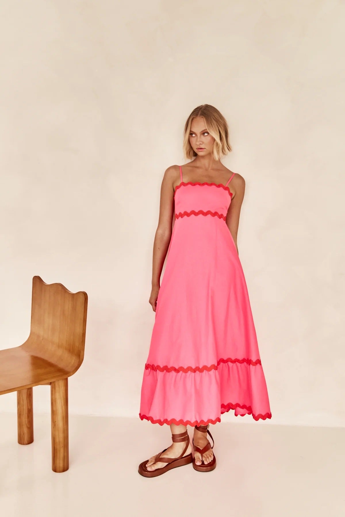 Mar - Vestido Largo de Tirantes Con Diseño de Ondas Color Combinado Playa Primavera Verano Para Mujer Rosa