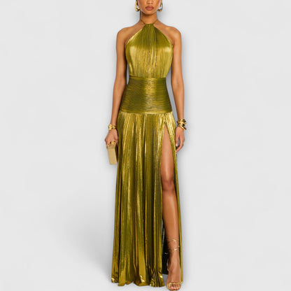 Vestido de noche con cuello alto y abertura lateral – CELESTE