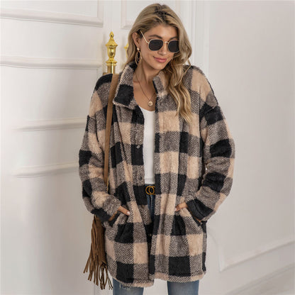 LIVIA - Chaqueta de estilo a cuadros con forro polar para mujer