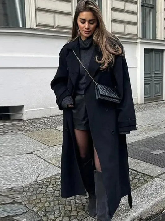 Abrigo largo de mujer en lana estilo oversize con doble botonadura – MAELYS