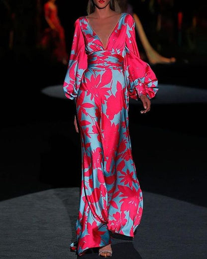 Vestido largo elegante con manga larga y escote en V – ARYA