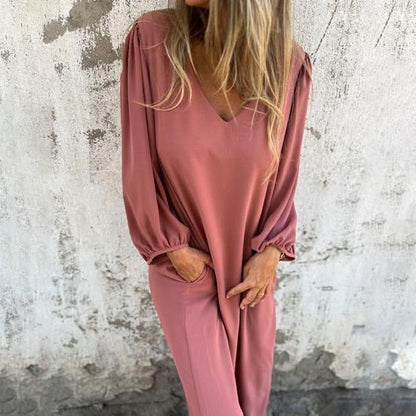 Vestido largo fluido con escote en V y mangas abullonadas – ODESSA