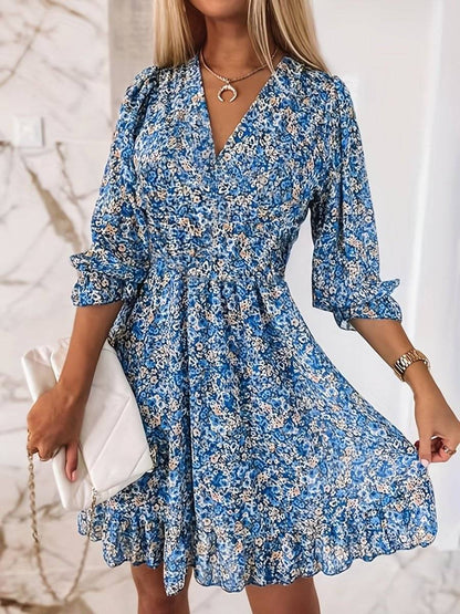 Vestido de verano con estampado floral verde y corte fluido – SIENNA