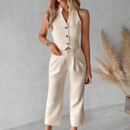 Set sin mangas de blazer y pantalón palazzo elegante – VELINNA