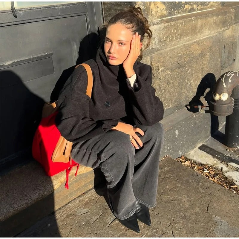 Abrigo de mujer mezcla de lana con cuello alto y botones – ELIANE