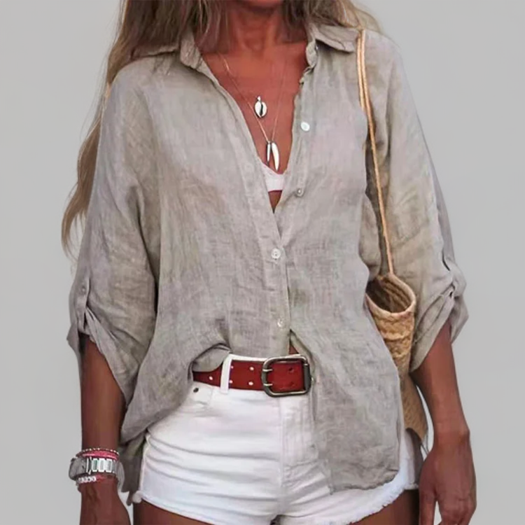 Blusa de lino ligera con mangas remangadas para mujer – NÉRIA LINEN BREEZE