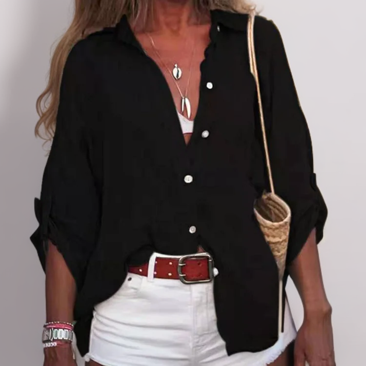 Blusa de lino ligera con mangas remangadas para mujer – NÉRIA LINEN BREEZE