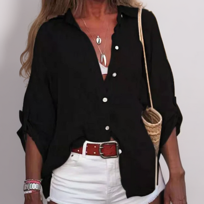 Blusa de lino ligera con mangas remangadas para mujer – NÉRIA LINEN BREEZE