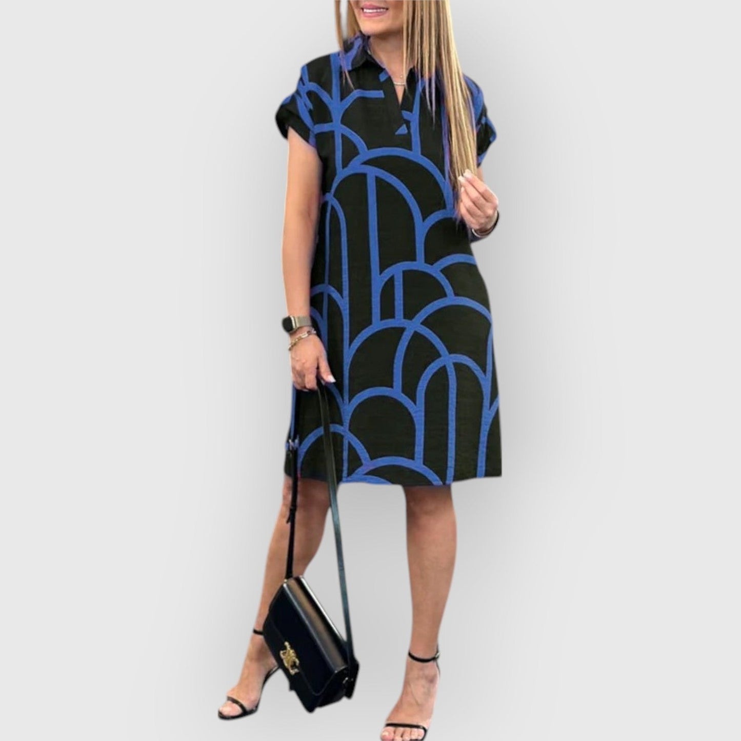 Vestido recto de mujer con cuello polo y manga corta – BLANCA