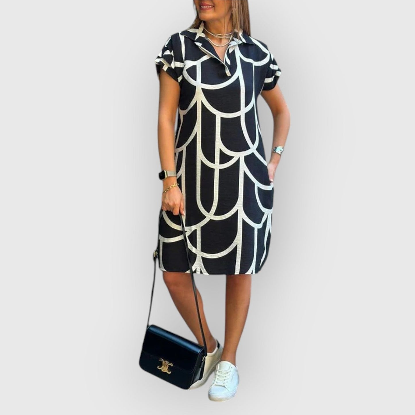 Vestido recto de mujer con cuello polo y manga corta – BLANCA