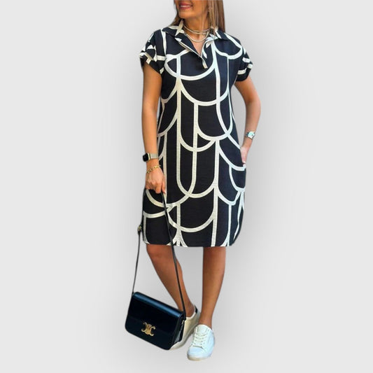 Vestido recto de mujer con cuello polo y manga corta – BLANCA