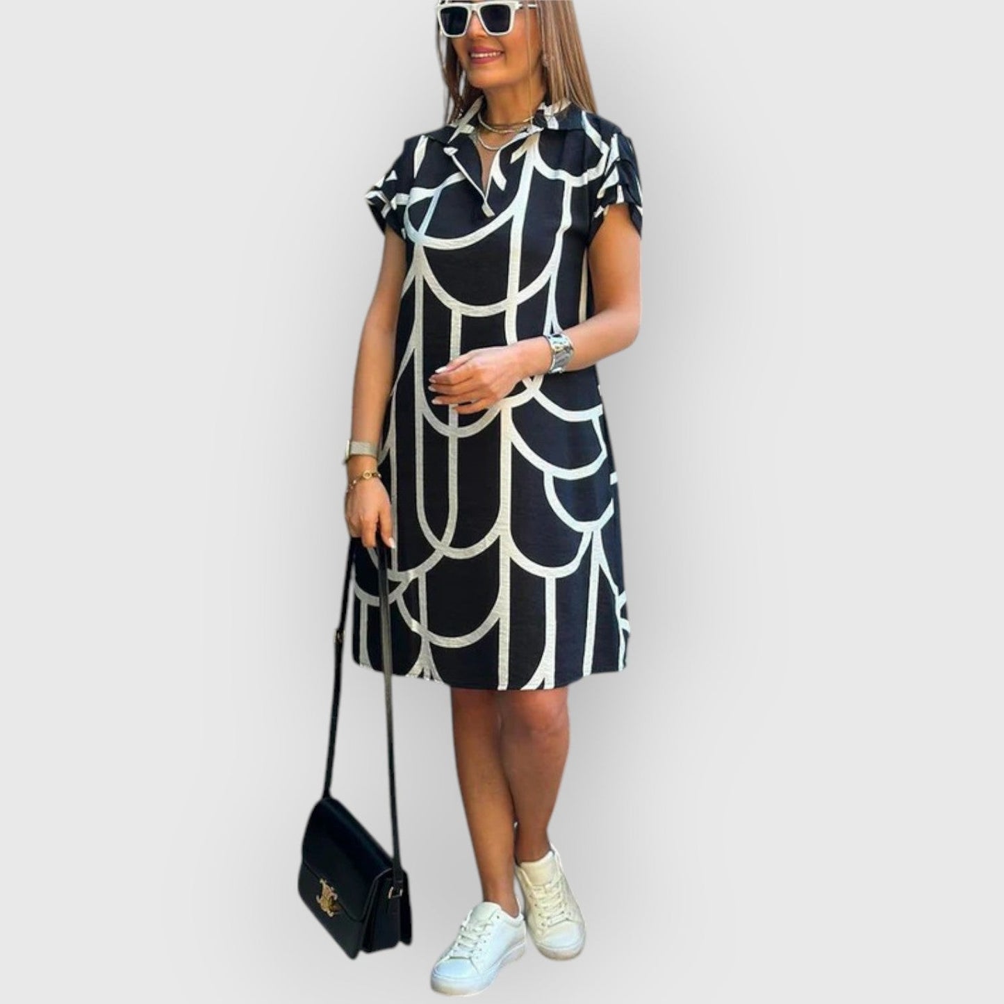 Vestido recto de mujer con cuello polo y manga corta – BLANCA