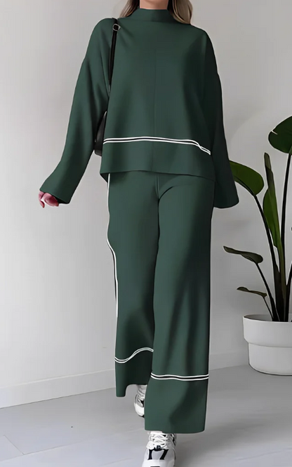 Ivet - Conjunto Holgado de Dos Piezas Sueter y Pantalon Traje Con Diseño Cómodo con Top Informal de Color Liso Primavera Verano Para Mujer Verde