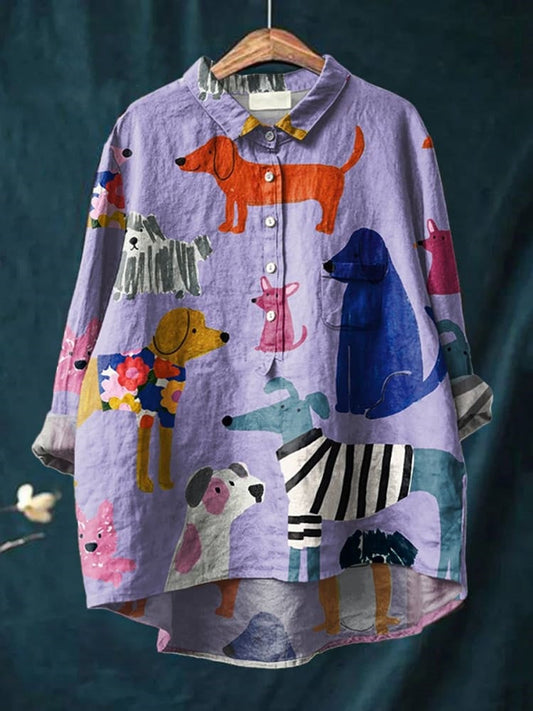 Camisa oversize de algodón con estampado artístico de perros – NOA
