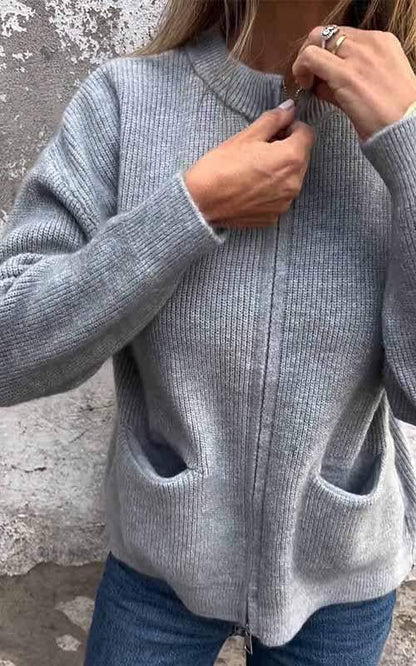 BEEBEE - Cálida chaqueta de punto de algodón con cremallera para mujeres