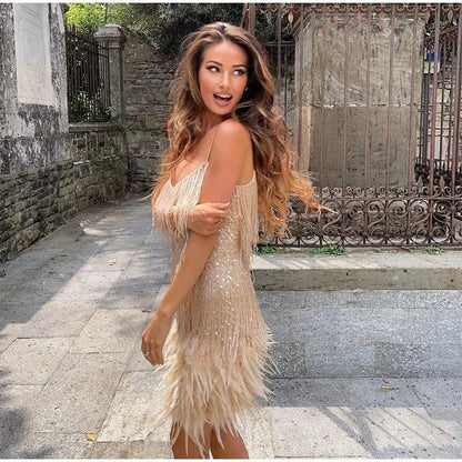 NICA – Vestido corto de fiesta para mujer con lentejuelas y plumas