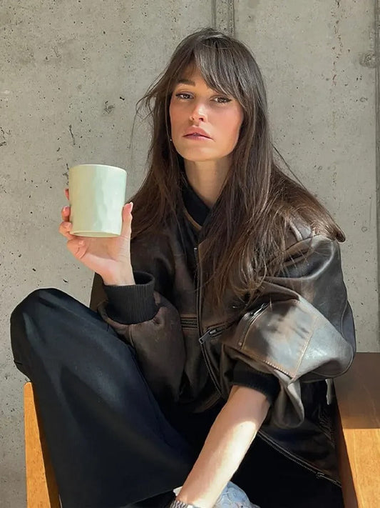 CAMILLE - Chaqueta bomber de cuero vintage para mujer